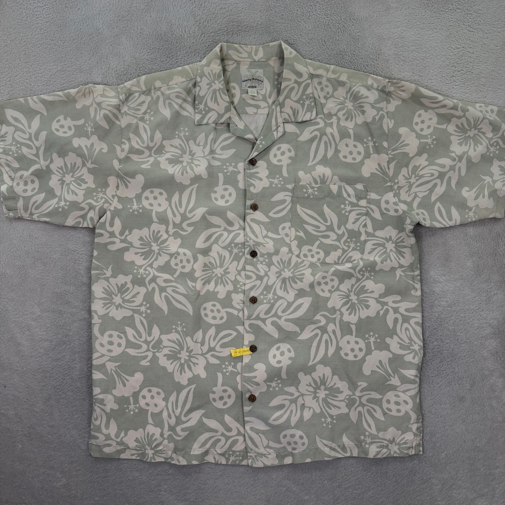 Tommy Bahama Mens Large Silk Linen Hawaiian Shirt Sage Green Floral Relax Aloha